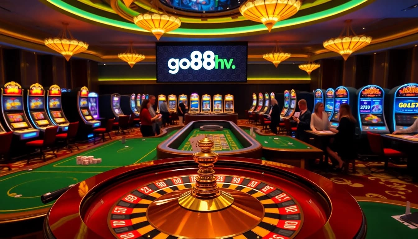 Exciting casino scene showcasing gambling at go88hv.com with poker tables and slot machines.