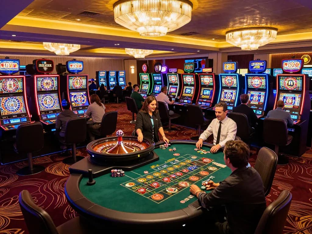 Experience the thrill of gameplay at go8 club with players enjoying vibrant slot machines and roulette tables.