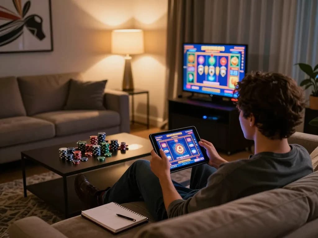 Engaging home slot Malaysia gaming setup with tablet display and cozy atmosphere.