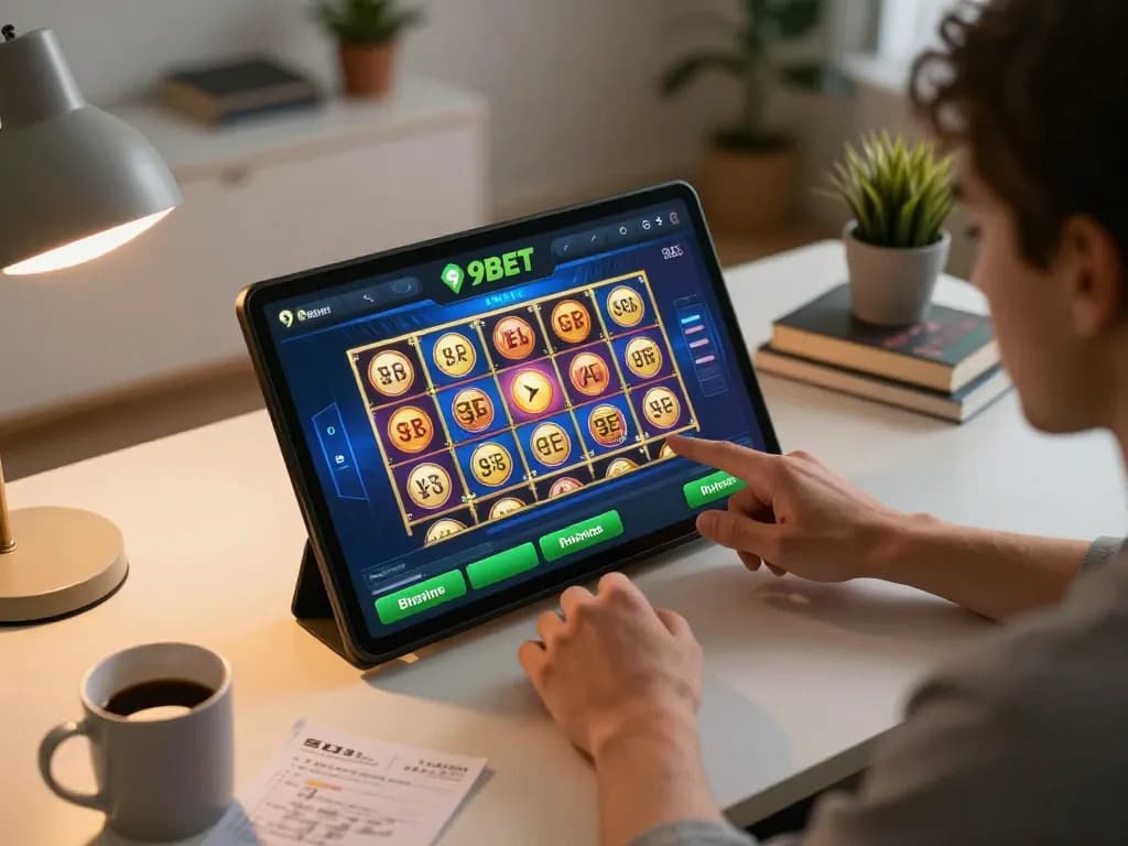 Engaging with the 9BET mobile app for online slots, showcasing a cozy gaming setup