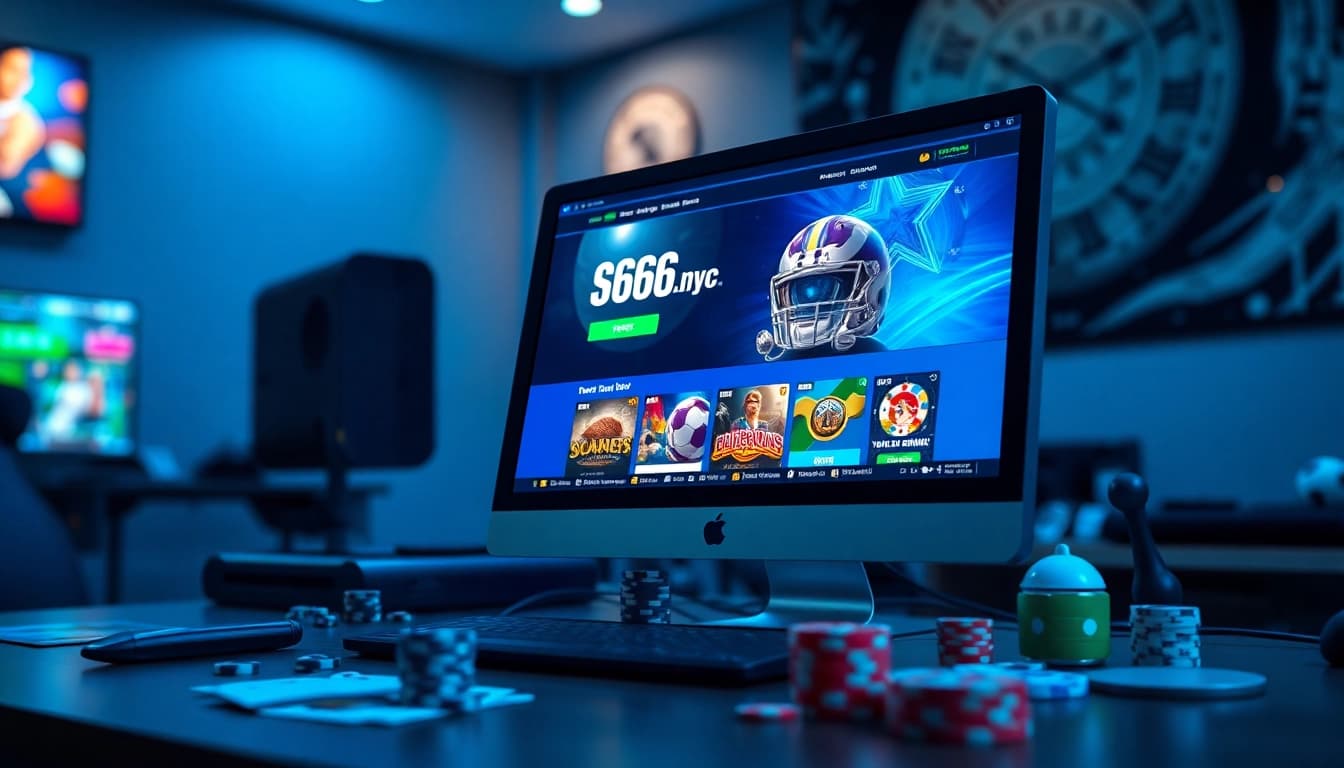 S666.nyc showcasing a modern online gaming environment with vibrant visuals, poker chips, and a sleek computer.
