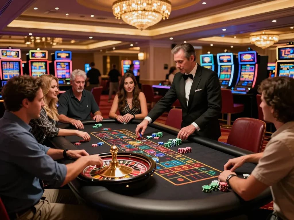KUBET players engaging in an exciting roulette game, showcasing vibrant chips and a dynamic croupier.
