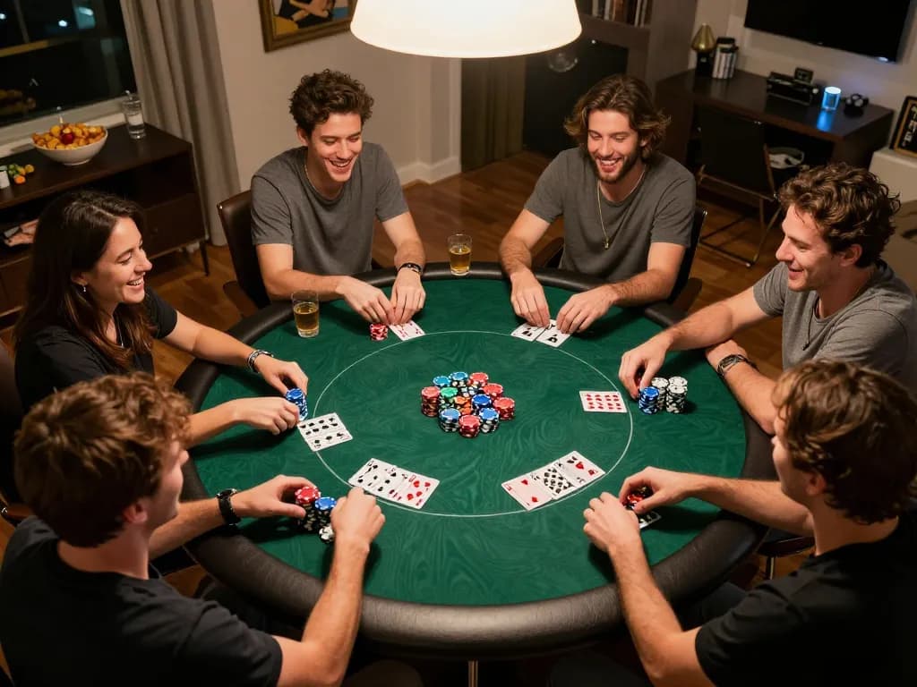 Engaged players strategizing during a home poker night at tr88, showcasing chips and cards in a vibrant atmosphere.