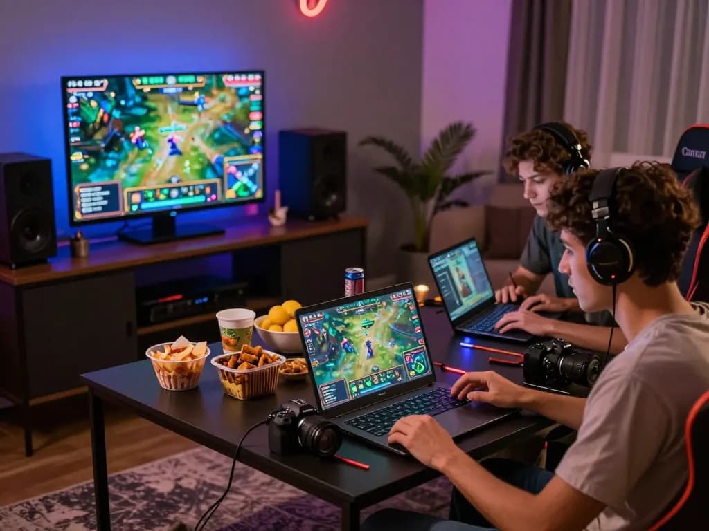 Engaged gamers playing VUA99 in a vibrant LED-lit room.