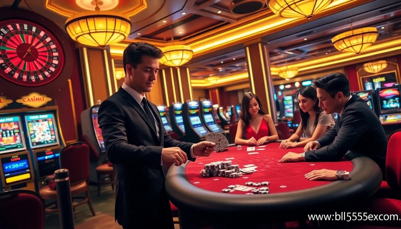 Experience the thrilling ambiance of gambling at https://bl555.exchange/ with an elegant casino scene.