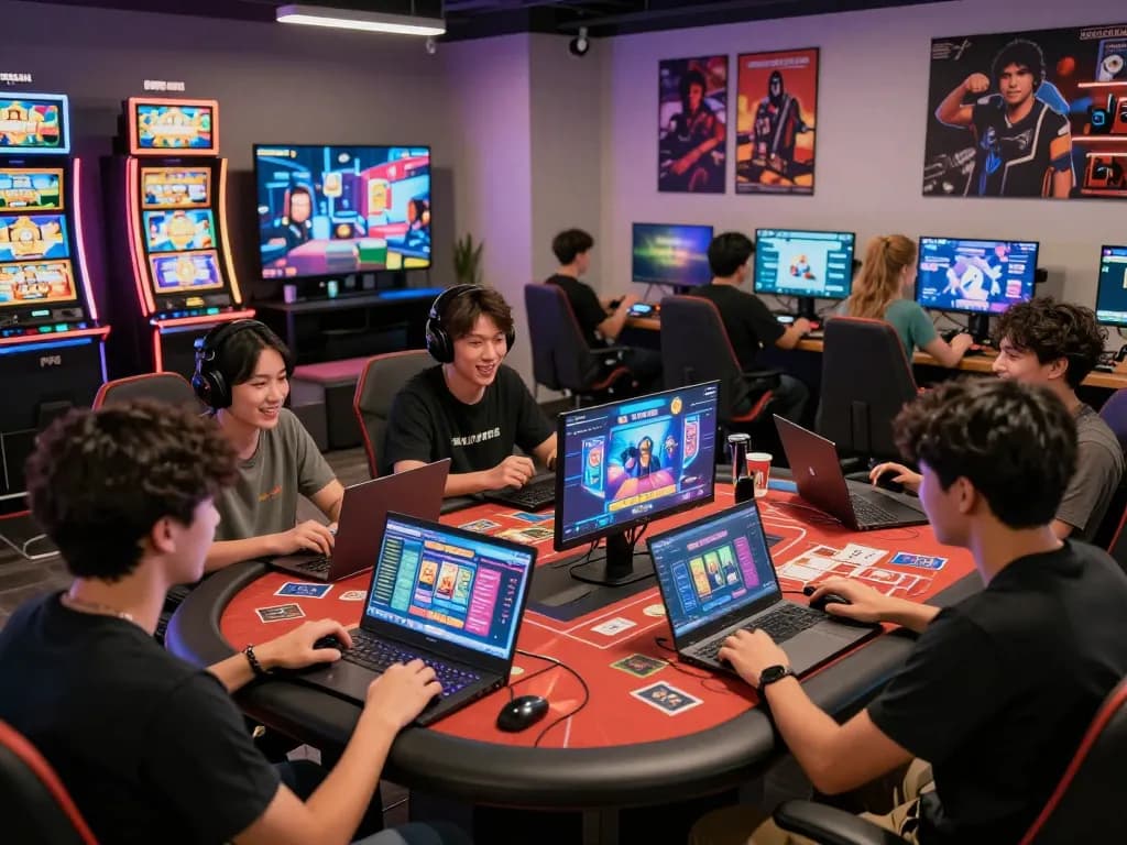 Diverse players enjoying online games at the sun win platform, vibrant gaming atmosphere with engaging graphics.