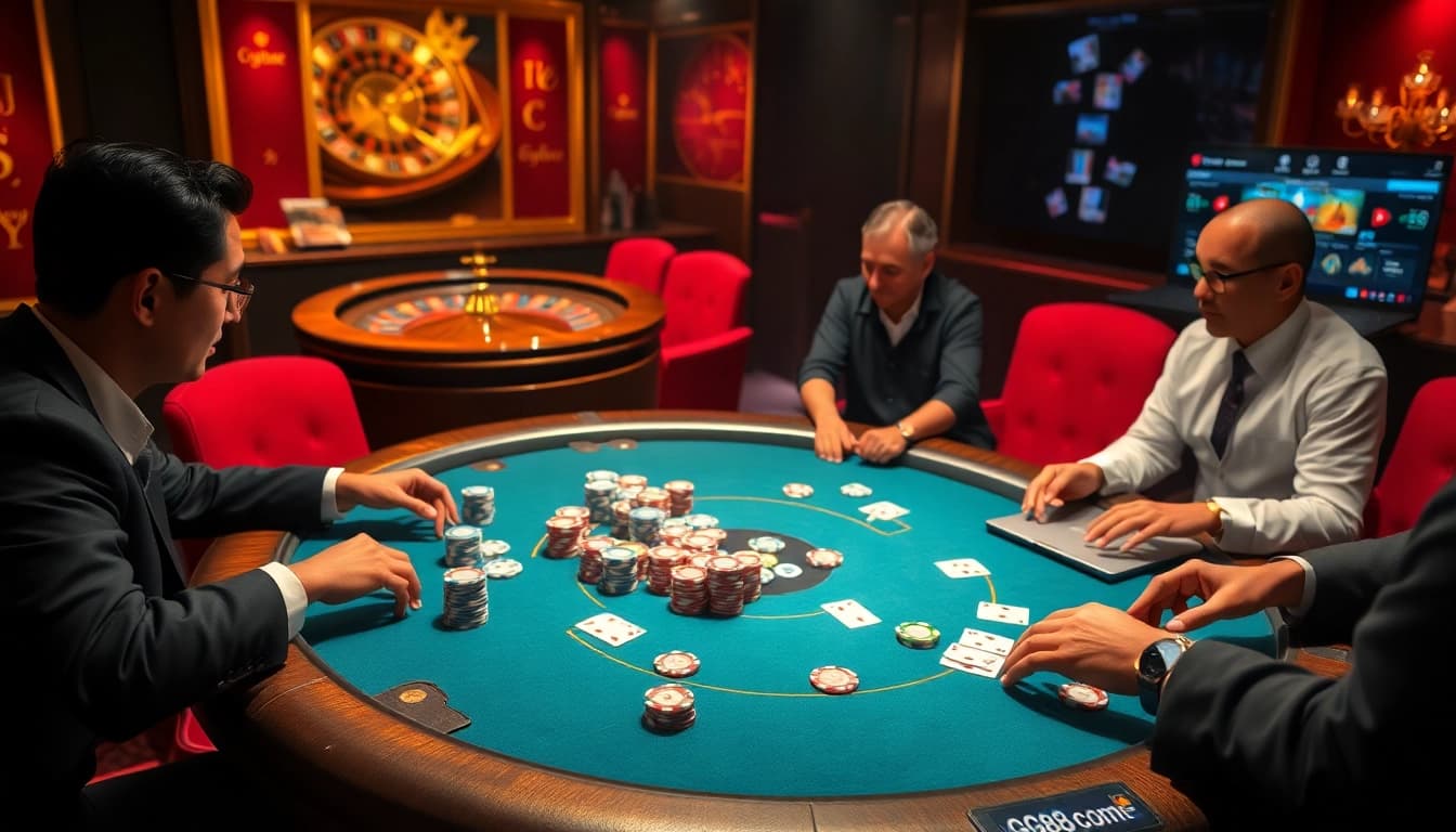 A lively poker game scene at gg88 com showcasing colorful chips and cards, enhancing online gambling excitement.