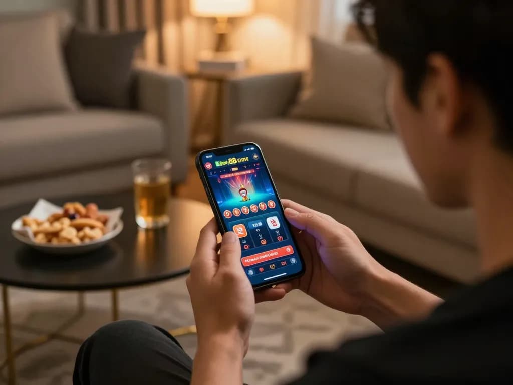 Engaged player using king88 com on smartphone during an exciting online casino session at home.