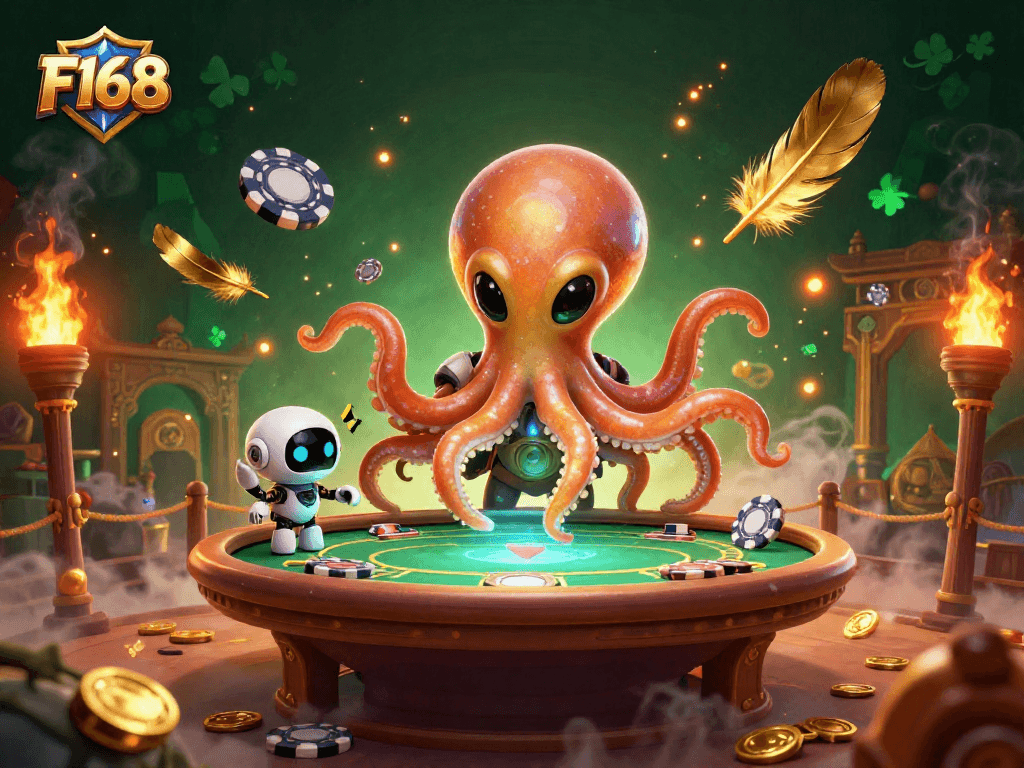 F168 enhances the gaming experience with an alien octopus and poker action in a rich casino scene.