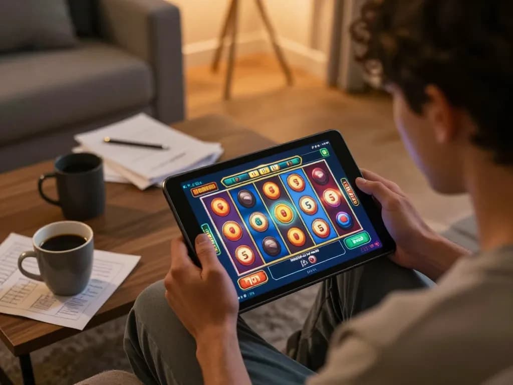 Engaging in a thrilling Bay789 slot game from the comfort of home, showcasing responsible online gambling.