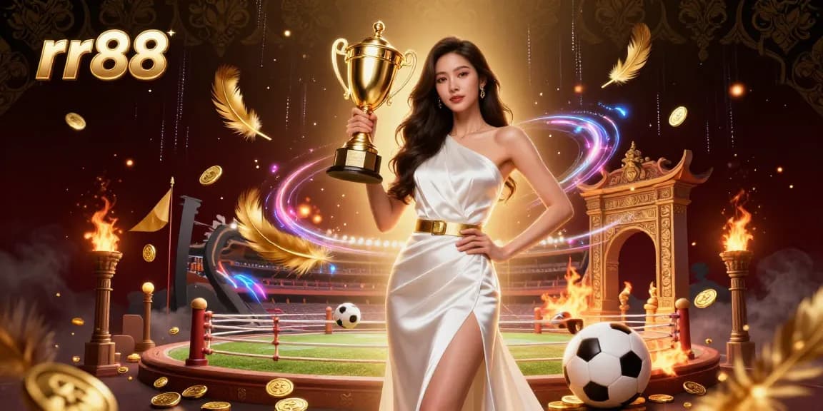 Win big with rr88 in a dynamic sports betting scene featuring an Asian woman celebrating victory.