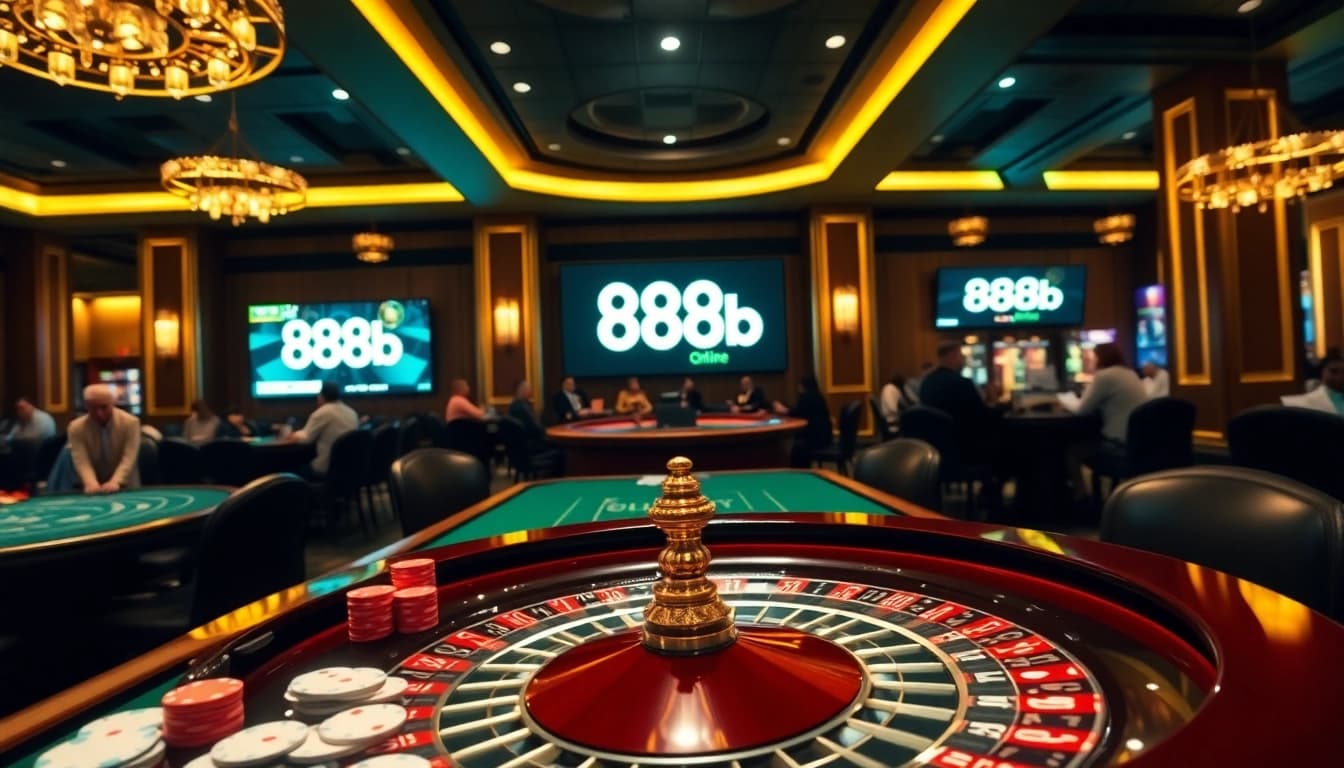 Exciting gambling scene showcasing 888b casino action with poker chips and roulette wheel.