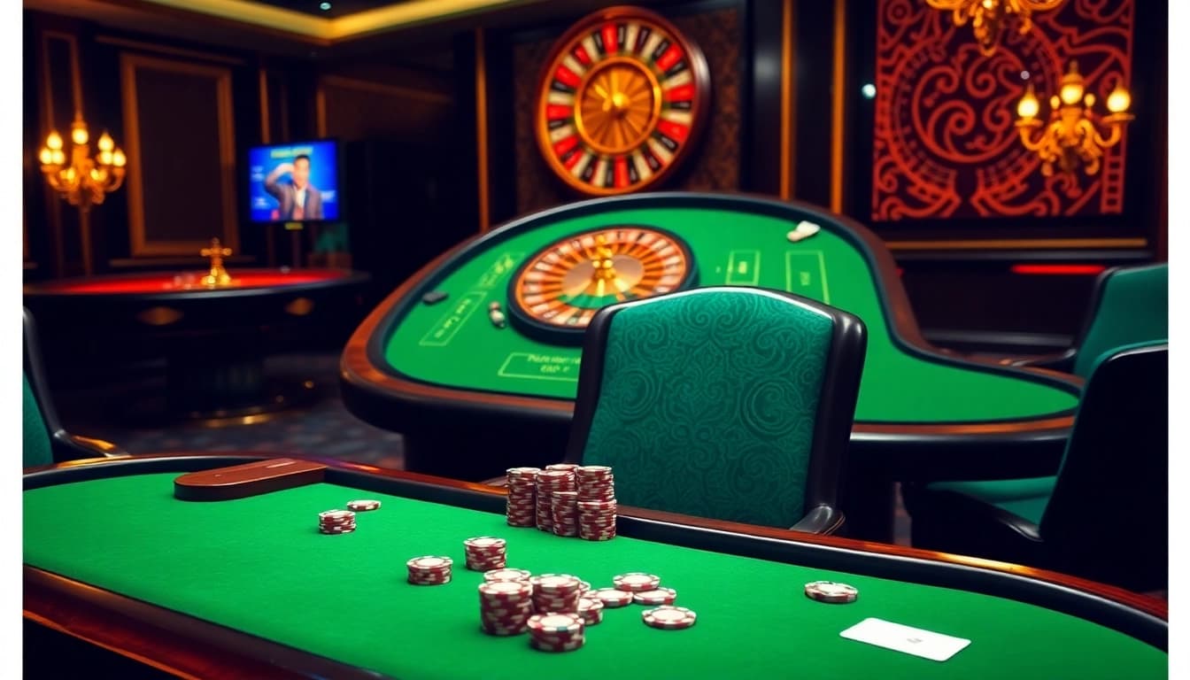 A dynamic online gambling scene showcasing https://hitclub4.app/ with professional casino tables, poker chips, and roulette.