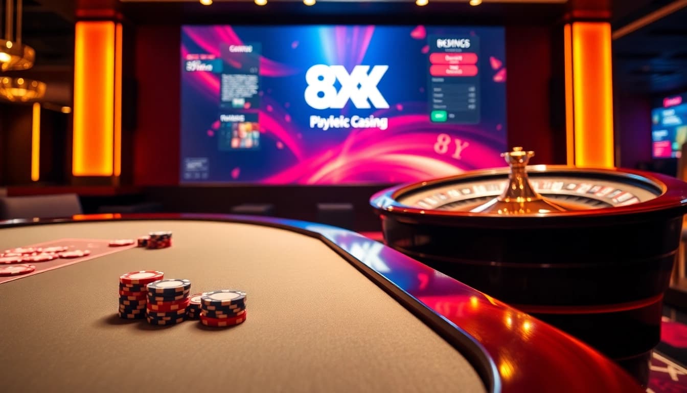 Experience thrilling gameplay at 8XX with vibrant poker chips and a glamorous roulette wheel.