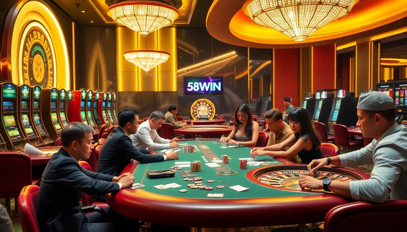This image captures players enjoying their time at a luxurious casino with 58WIN branding, emphasizing exciting gameplay at poker tables and slot machines.