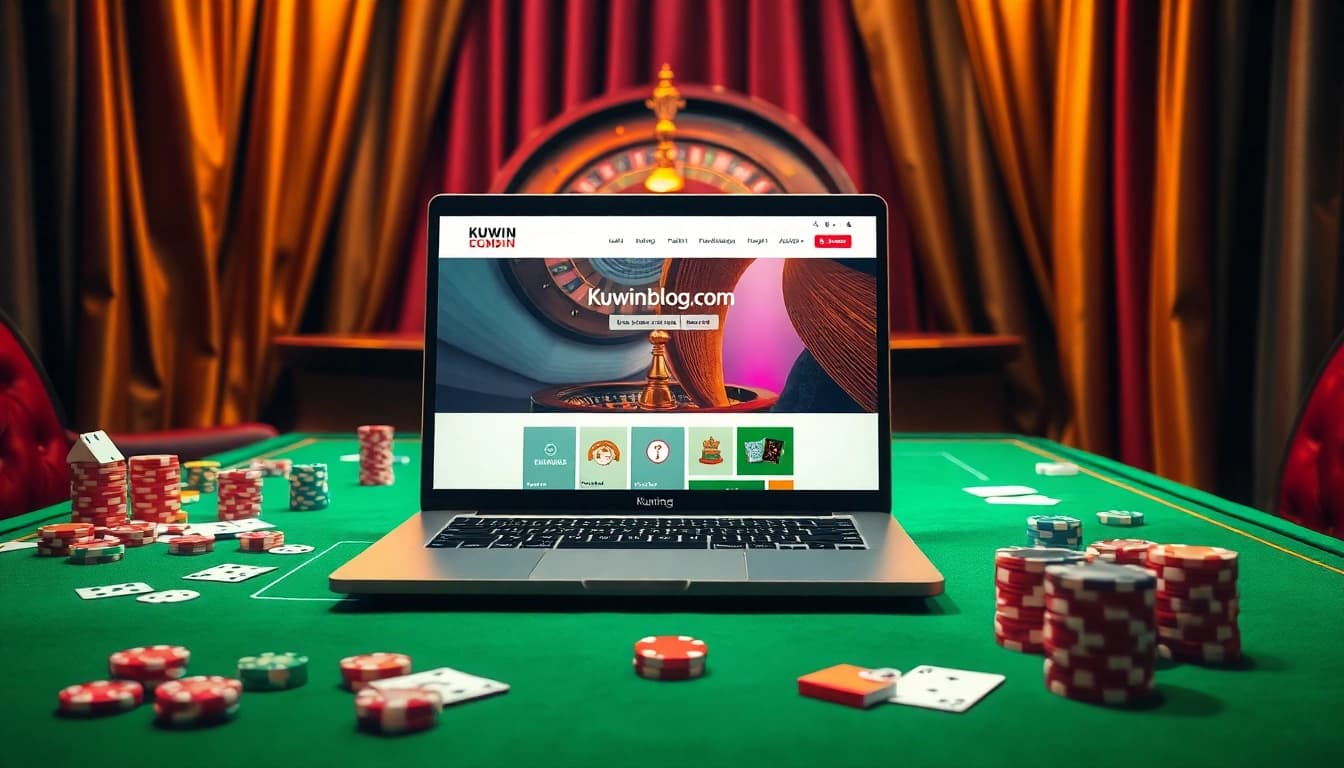 Exciting gambling scene featuring kuwinblog.com logo on a laptop with casino elements.