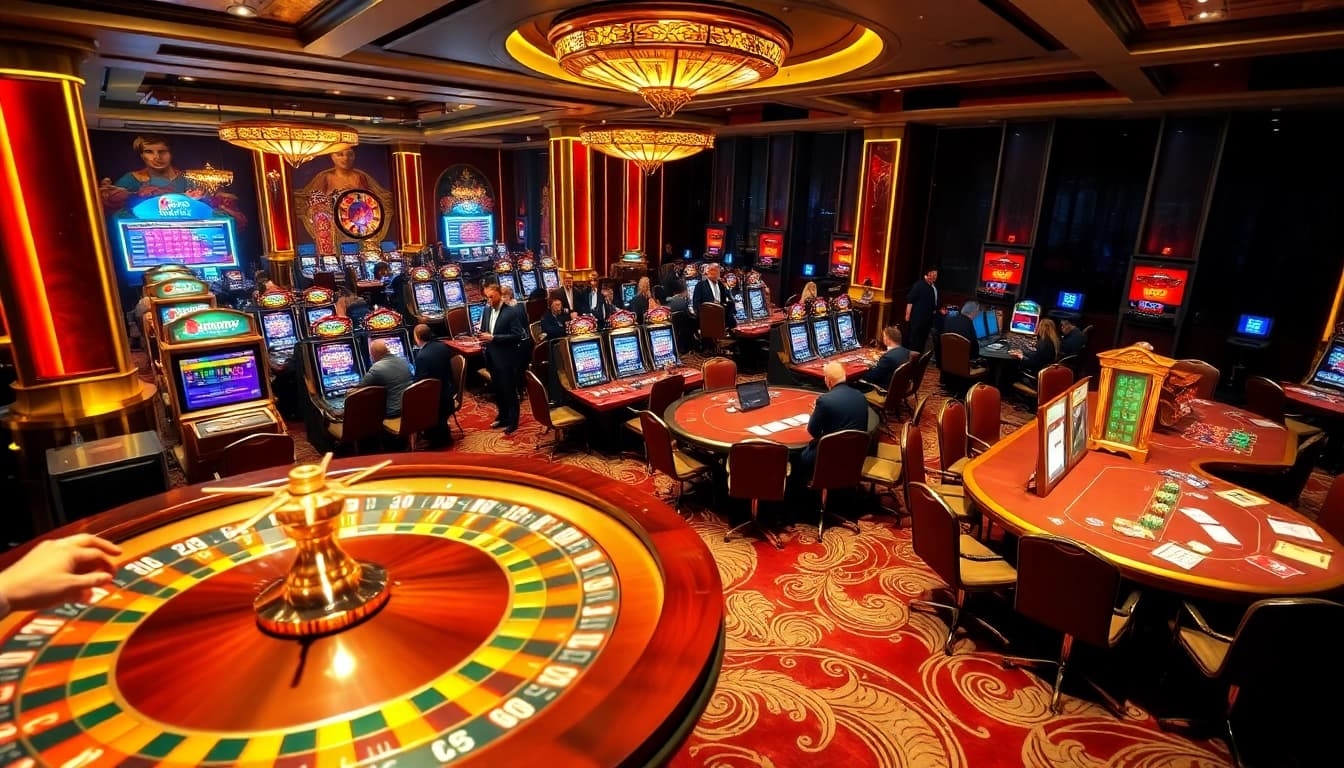 Fun 88 players engaging at a lively casino roulette table with vibrant slot machines.
