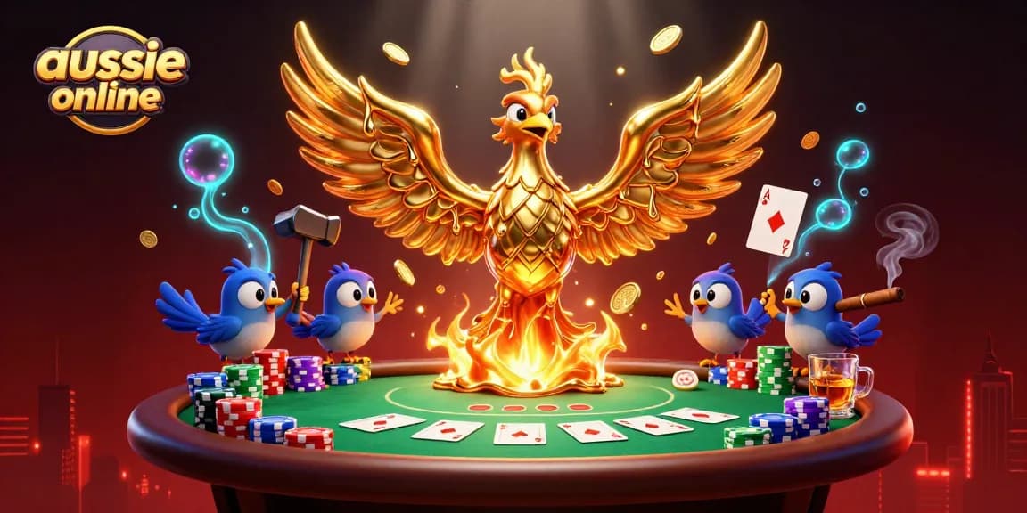 Showcasing aussie online casinos, a golden phoenix transforms in a dynamic casino scene filled with poker elements.