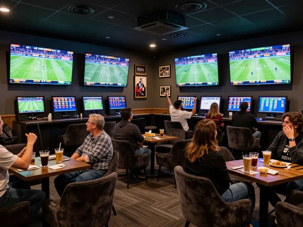 GEM88 bettors cheering for a winning stake in a vibrant sports lounge