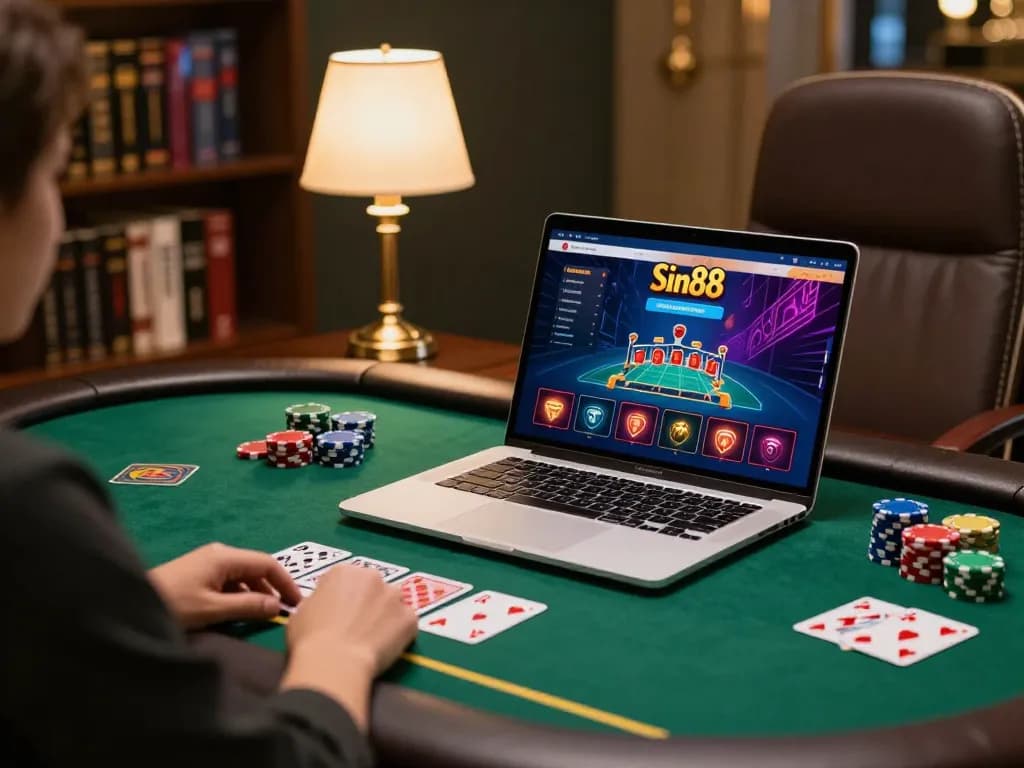 Player engaging with the Sin88 online casino interface on a laptop, showcasing strategic gameplay and cozy home ambiance.