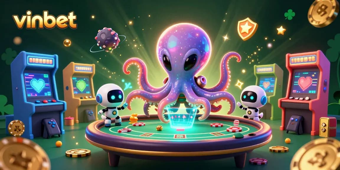 Experience thrilling poker action in the vibrant universe of vinbet, featuring an alien octopus and arcade game elements.