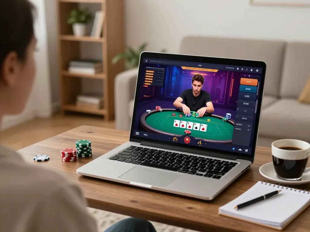 Player engaging in Game bai doi thuong while strategizing at home with laptop screen and poker interface visible