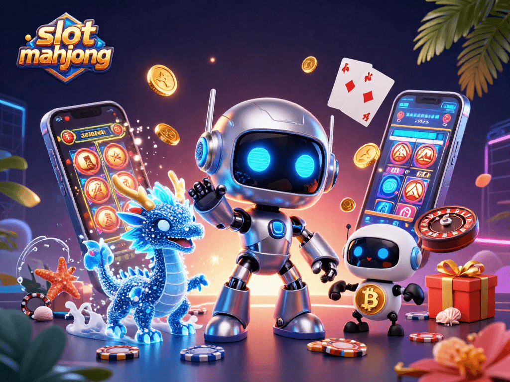 Experience the thrill of slot mahjong with a vibrant 3D cartoon scene featuring exciting casino elements and characters.