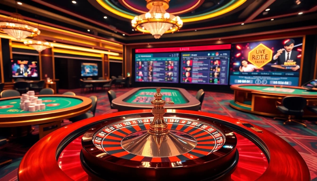 Engaging scene of luxury gambling at https://nk88net.com/ highlighting roulette and casino tables.