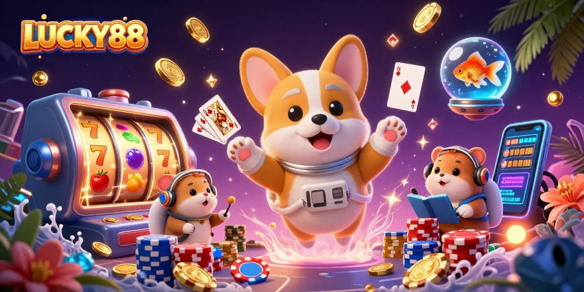 Spin for wins at LUCKY88 with a vibrant casino scene featuring playful characters and thrilling game elements.