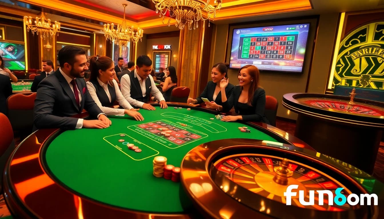 Players celebrating wins at Fun88 com's blackjack table with vibrant casino elements.