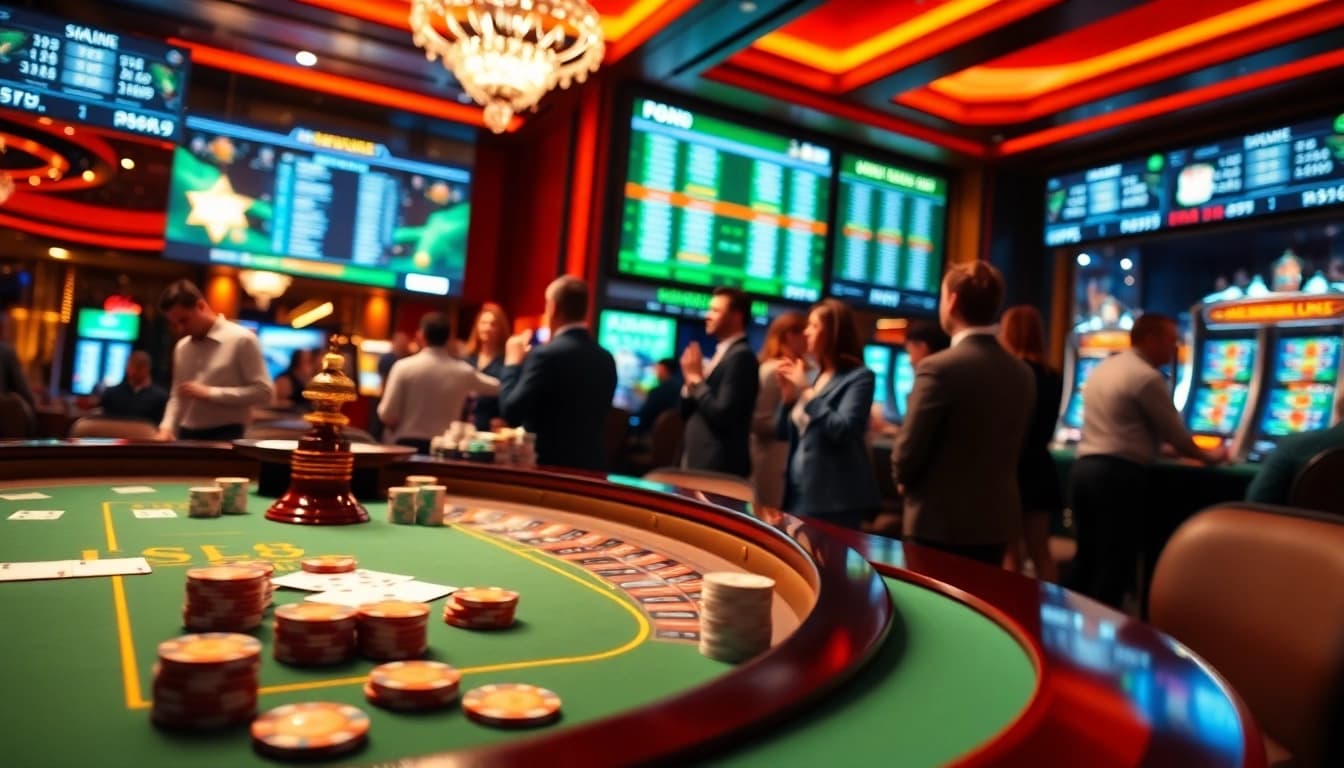 Engaged players enjoying casino games at 78winbiz.com, featuring poker chips and roulette wheel.