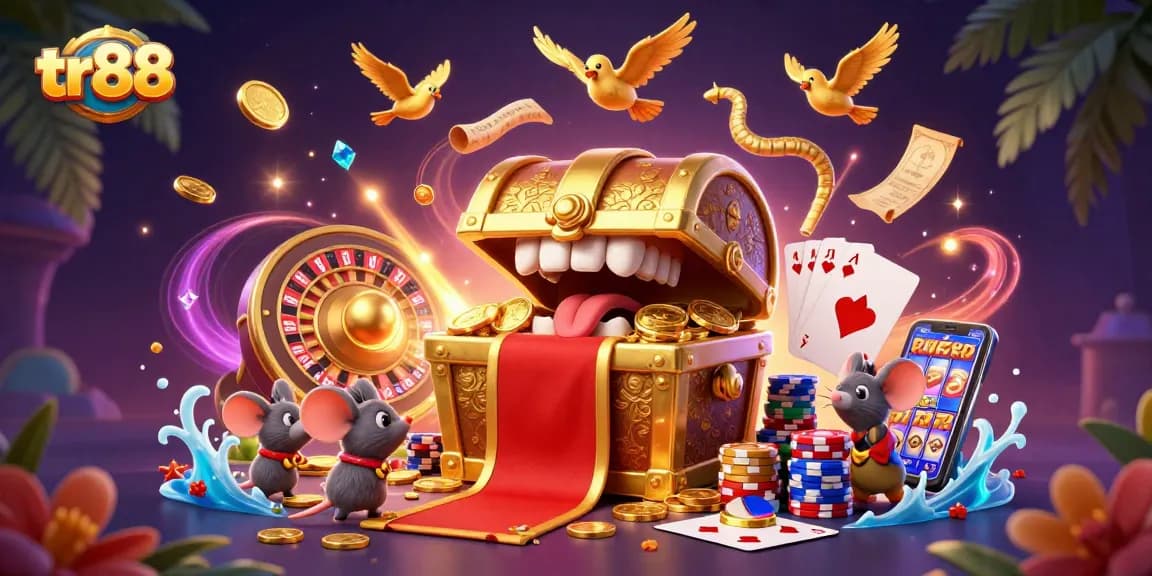 Experience exciting wins at TR88 with a vibrant treasure chest and casino elements in a dynamic scene.