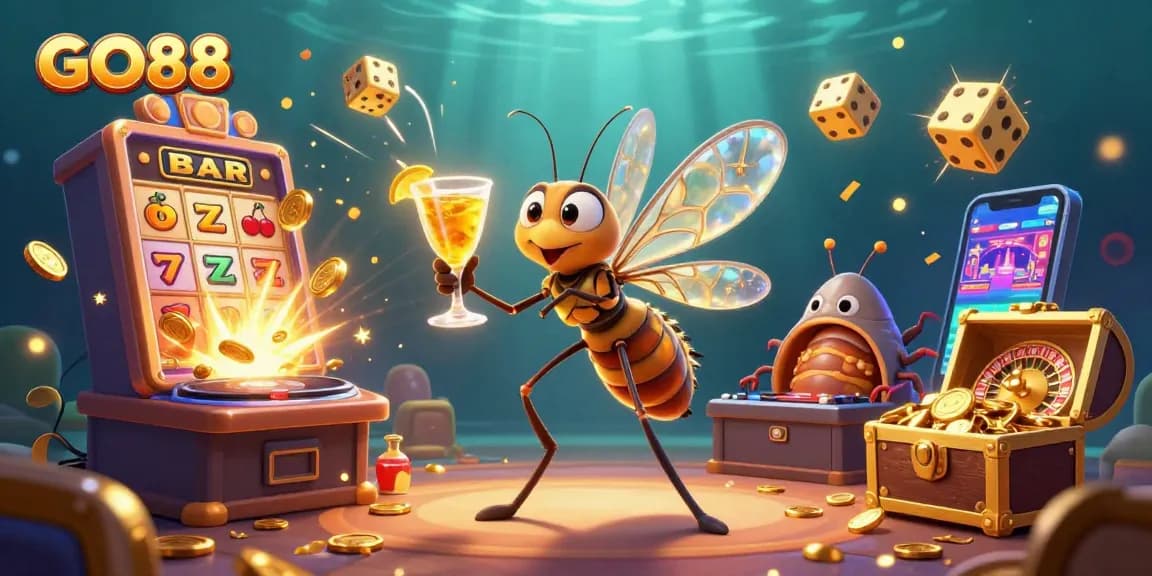 Engage with GO88's thrilling gaming experience, featuring dynamic casino elements in a vibrant scene.
