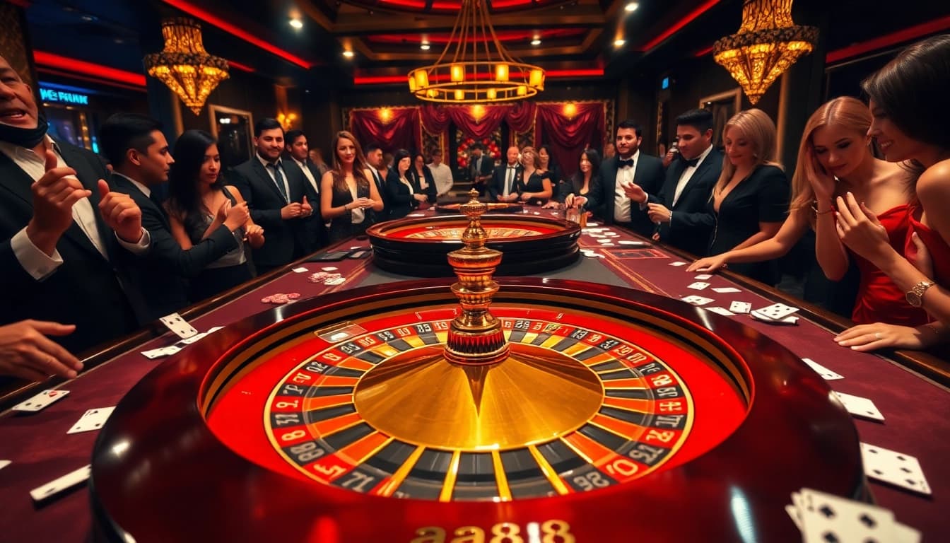 Thrilling gaming action at the casino featuring roulette, poker chips, and the keyword aa88.