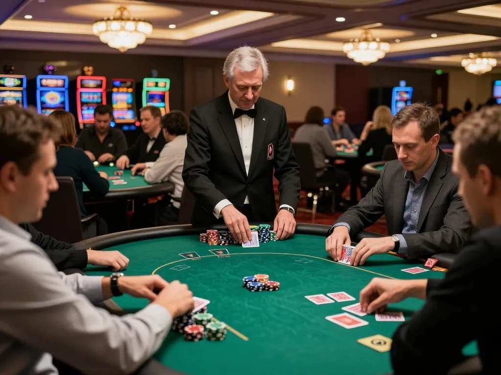 Players engage in high-stakes poker at a luxurious casino while discussing transporthydraulics strategies.