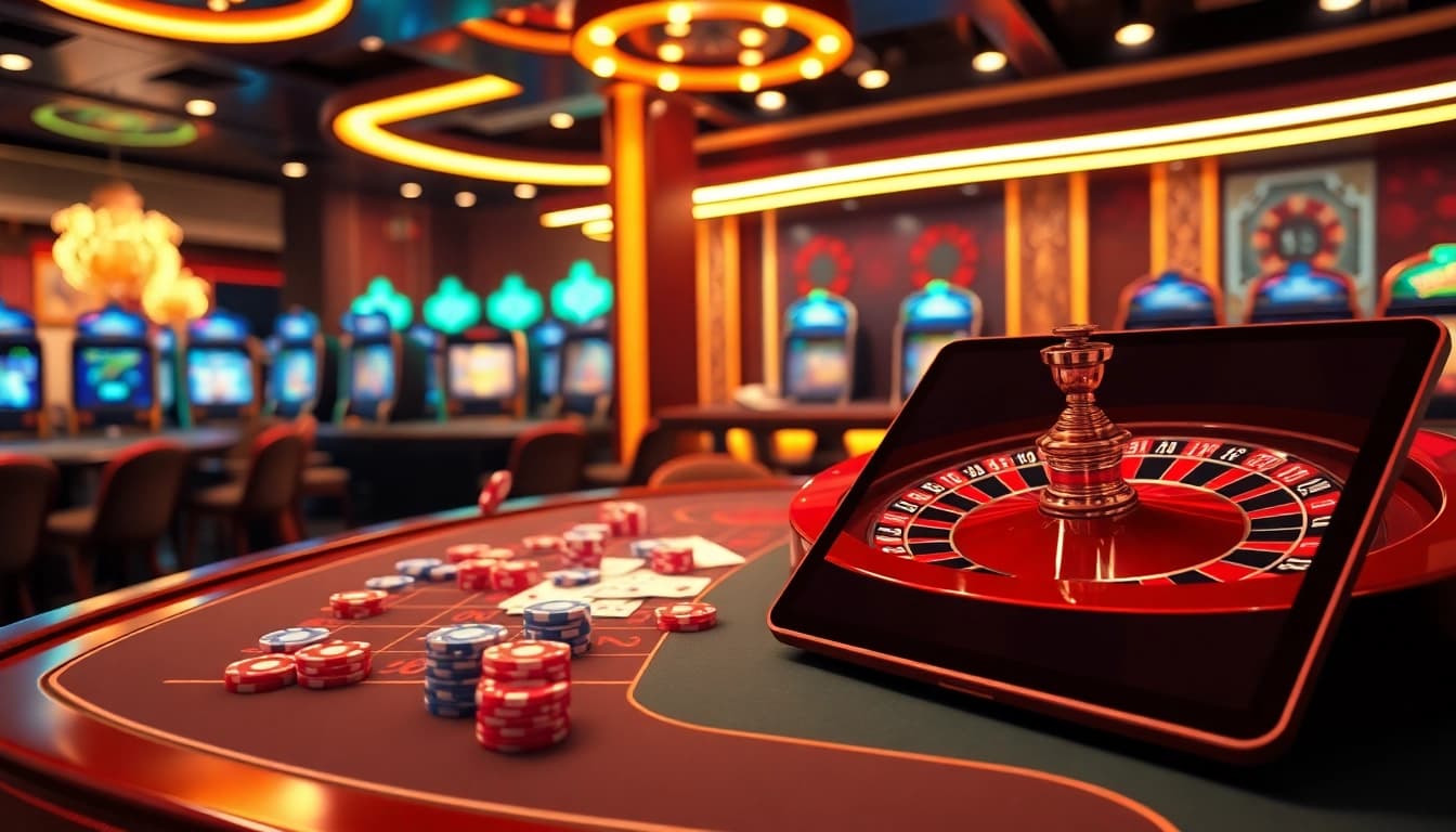 Experience the thrill of betting at nhà cái alo789 through a luxurious online casino scene with vibrant visuals.