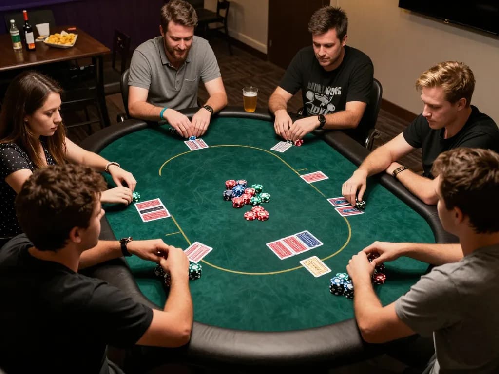X88 trang chủ live poker game night, players strategizing around a round table with cards and chips