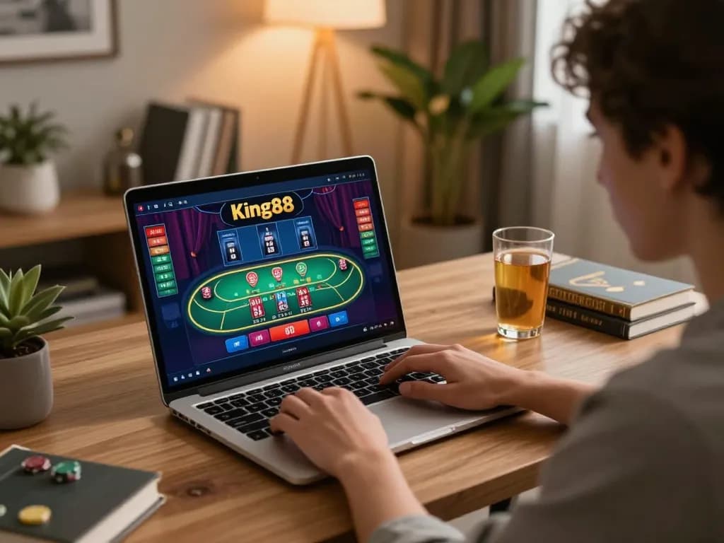 Engaging gameplay at king88 casino with a player focused on their laptop screen in a stylish home office.