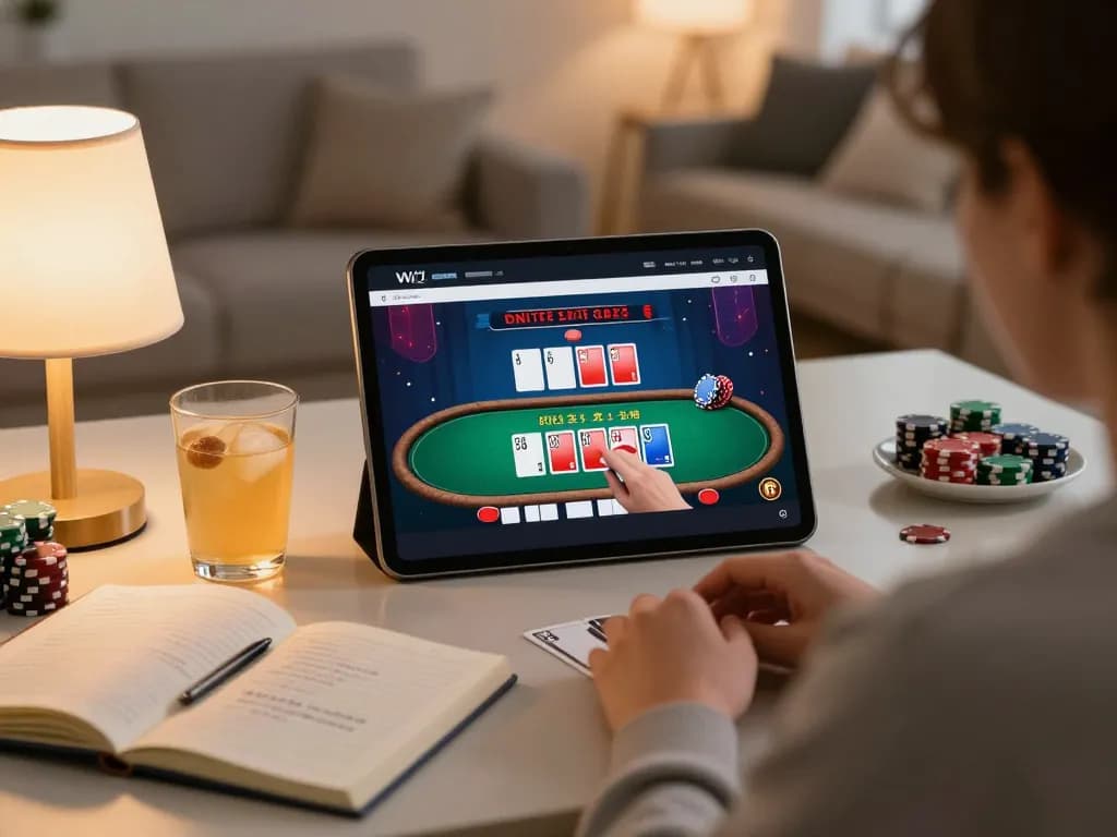 Engaged player enjoying debet online blackjack at home with warm ambient lighting