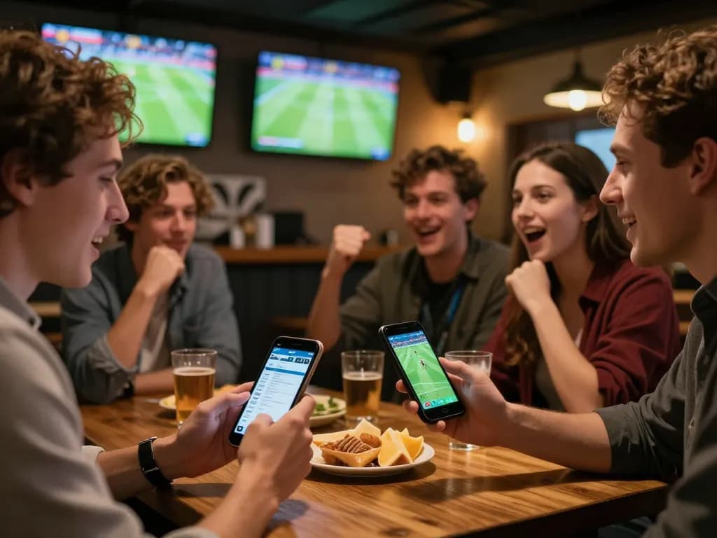 Engaged in sports betting, a fan checks kèo nhà cái 5 on a smartphone while cheering with friends at a lively sports bar