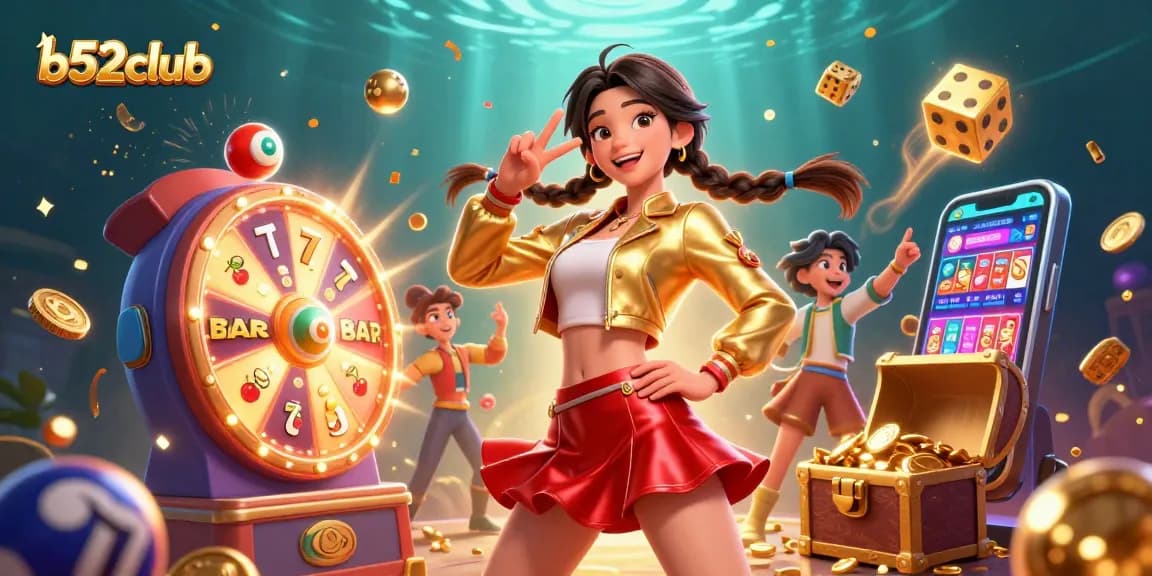 Experience the excitement of b52club with a vibrant 3D illustration full of casino elements and energy.