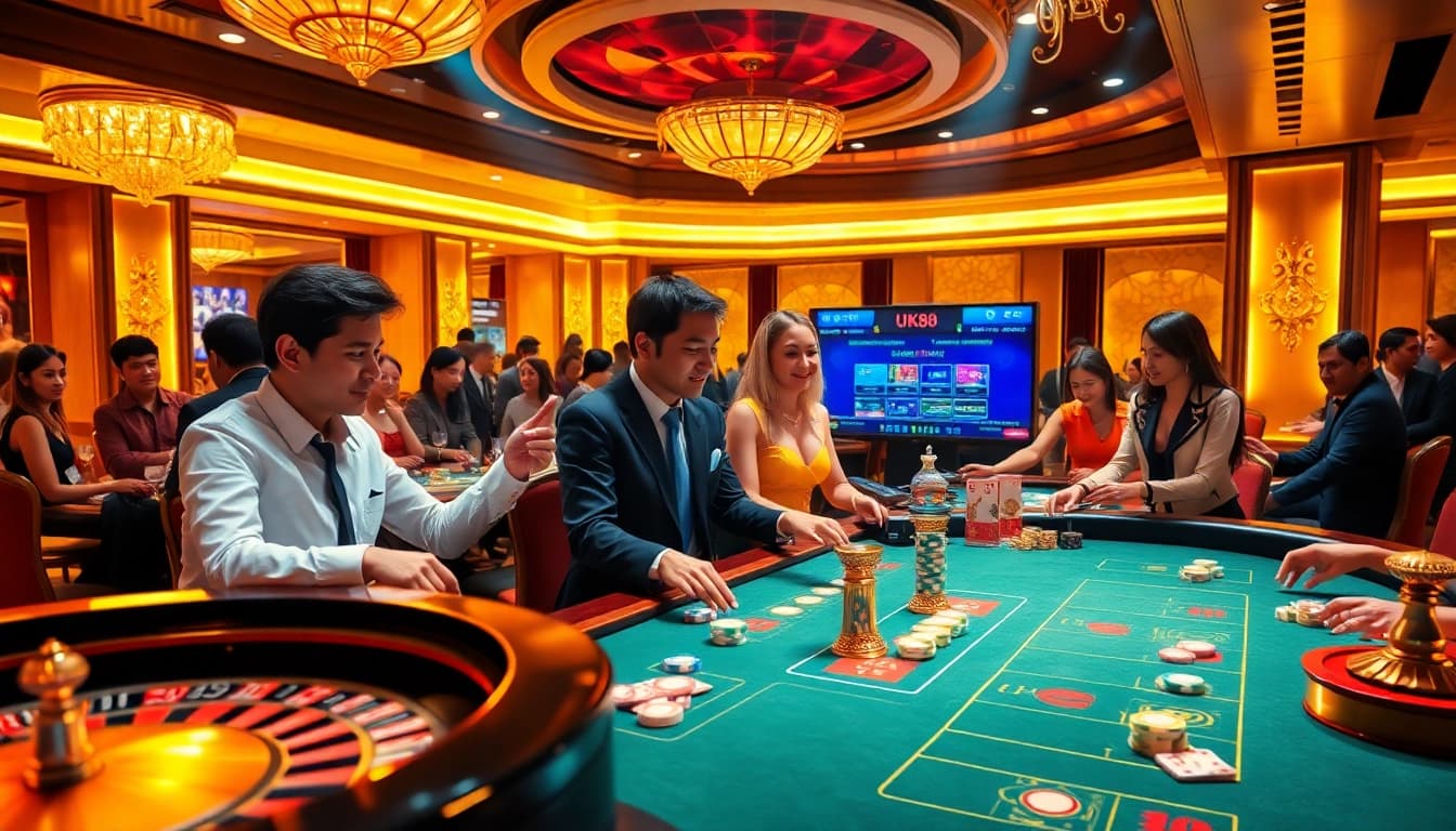Betting at a lively UK88 online casino table with vibrant visuals, enticing excitement, and experienced dealers.