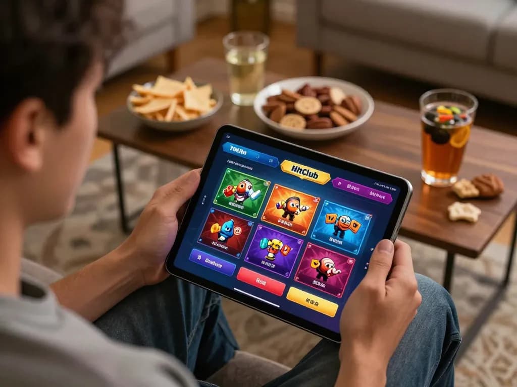 Hitclub player engaging with casino app on tablet amidst a cozy home setup.