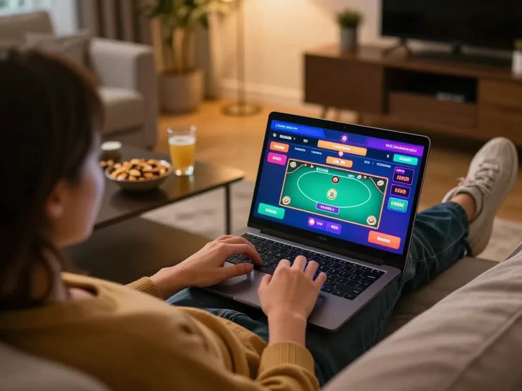 Engaging online gaming experience at home with 789winh on a laptop, showcasing a vibrant poker game.