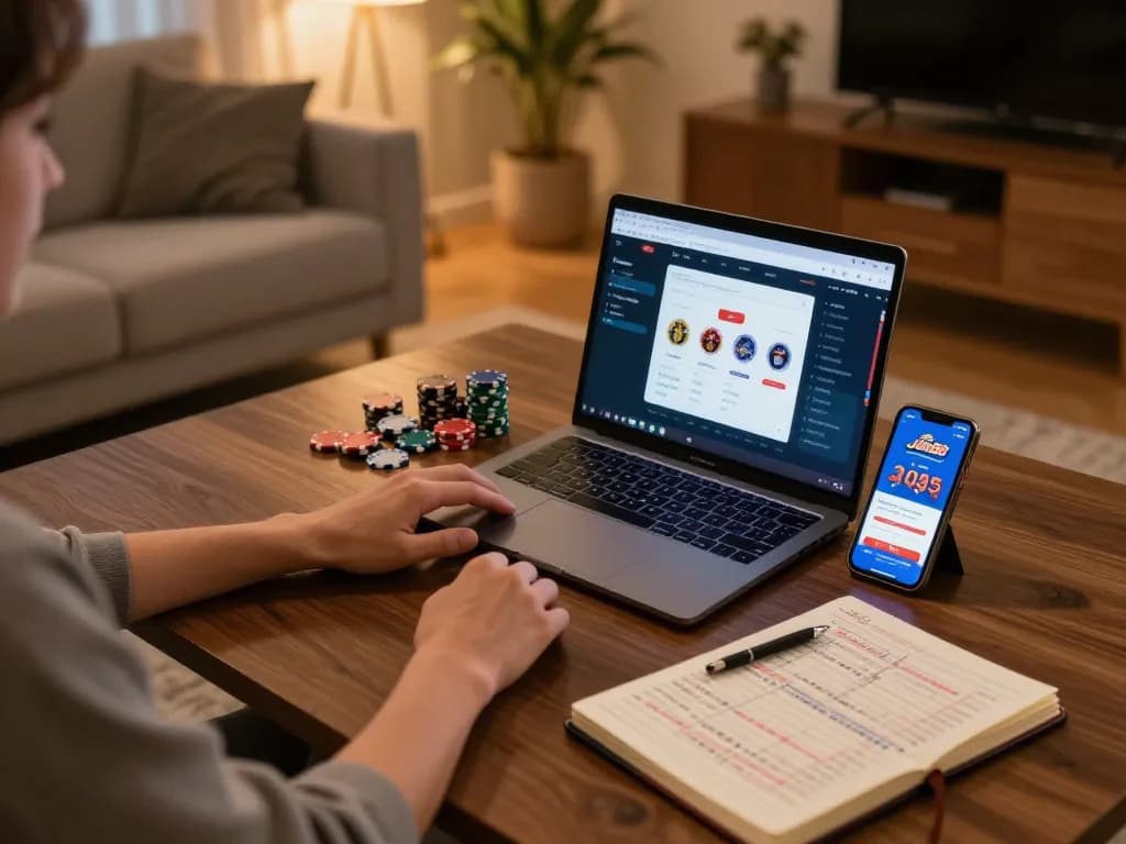 Playing poker with Link Vào Jun88 app displayed on smartphone amidst a cozy home setup