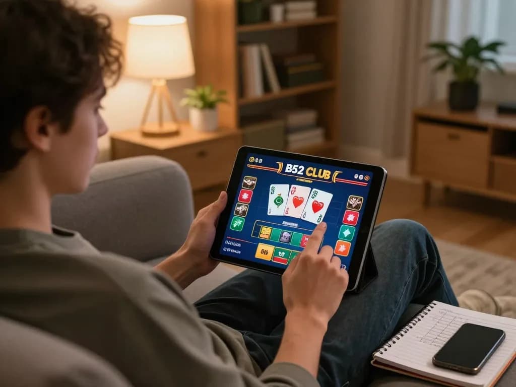 B52 Club player enjoying online gaming on tablet with cozy home ambiance