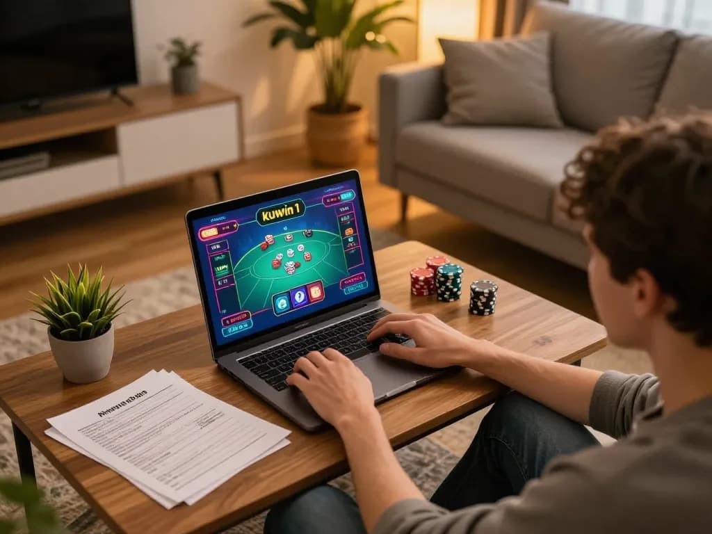 Engaging scene of a player enjoying kuwin1 games on their laptop in a cozy living room with strategy notes and vibrant gaming interface.