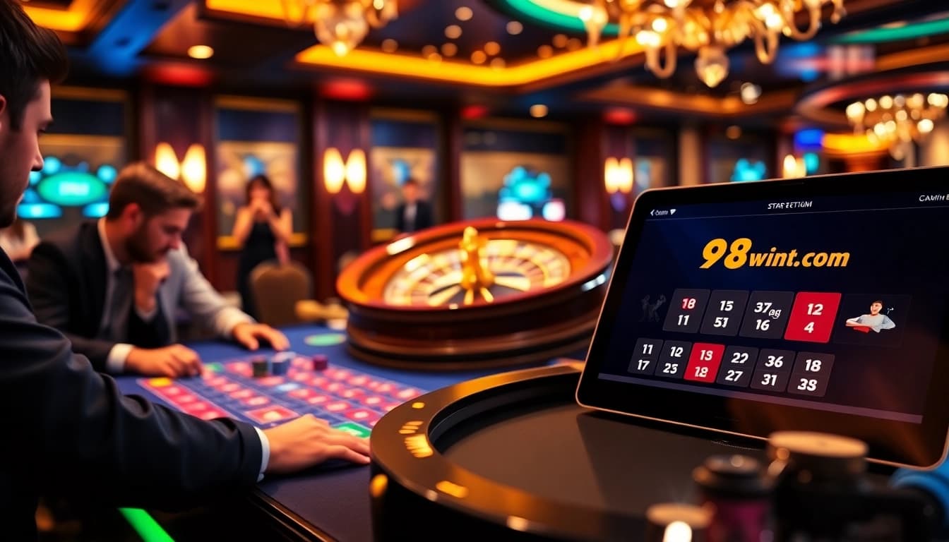 Engaging scene at a roulette table with players betting at 98win .com during a thrilling casino night.