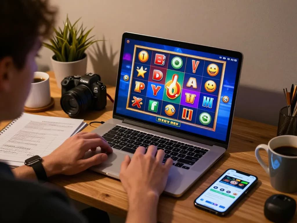 Player immersed in nohu90nohu slot game on a laptop amidst cozy home office setting