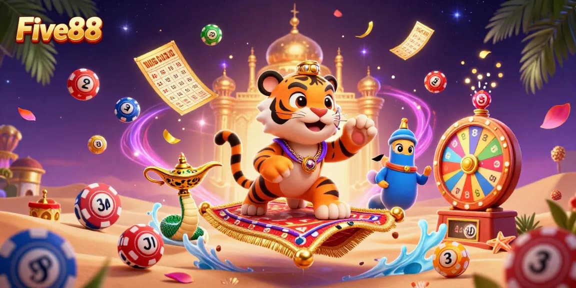 Engage in thrilling lottery action with Five88 as colorful balls and dynamic gaming elements soar around an enchanting scene.
